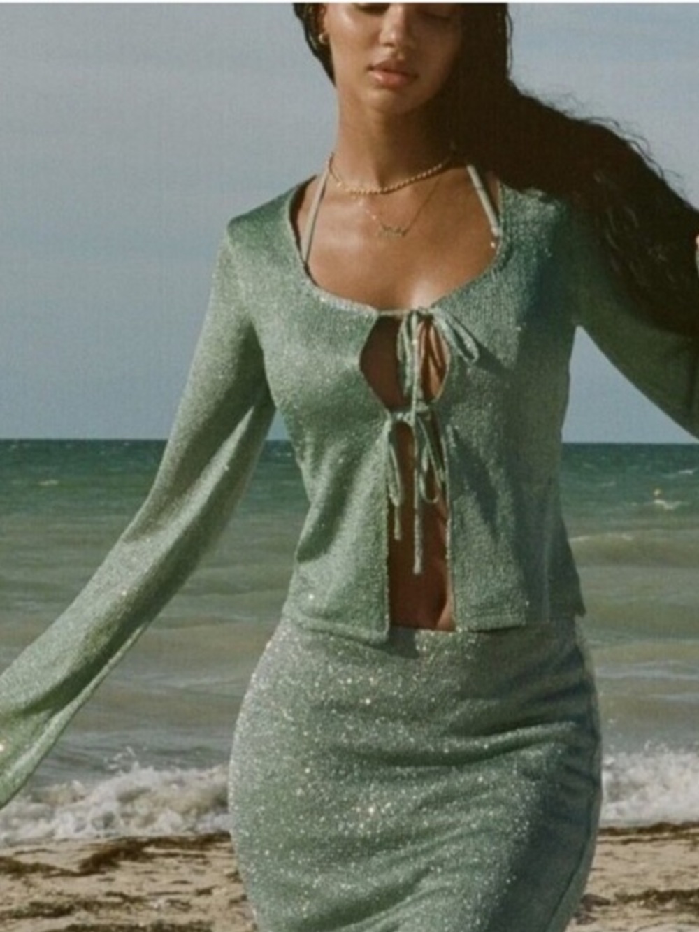Tiger Mist Kelly Green Metallic Shimmer Tie Front Cardigan Top L Festival Y2K